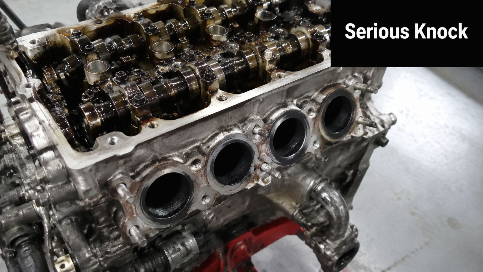 A disassembled automotive engine showing camshafts and cylinder head ports while undergoing internal inspection and repairs.