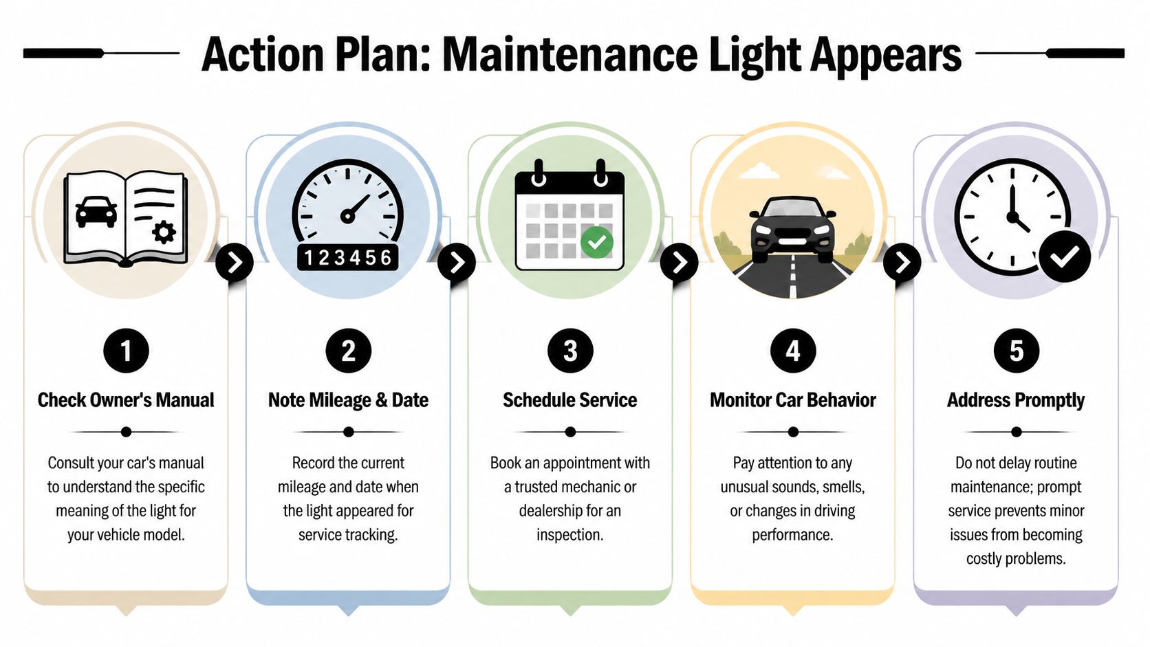 A five-step infographic showing the recommended action plan when a car maintenance light appears on the dashboard.