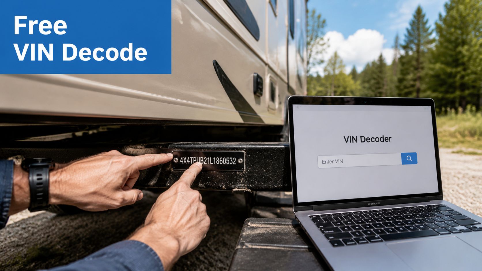 A person pointing to a vehicle identification number on an RV frame while using a laptop to decode it.