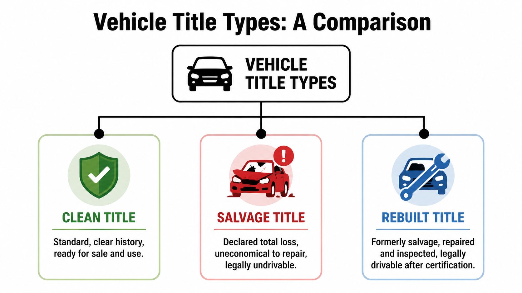 A diagram comparing three types of vehicle titles: clean, salvage, and rebuilt, including their brief descriptions.