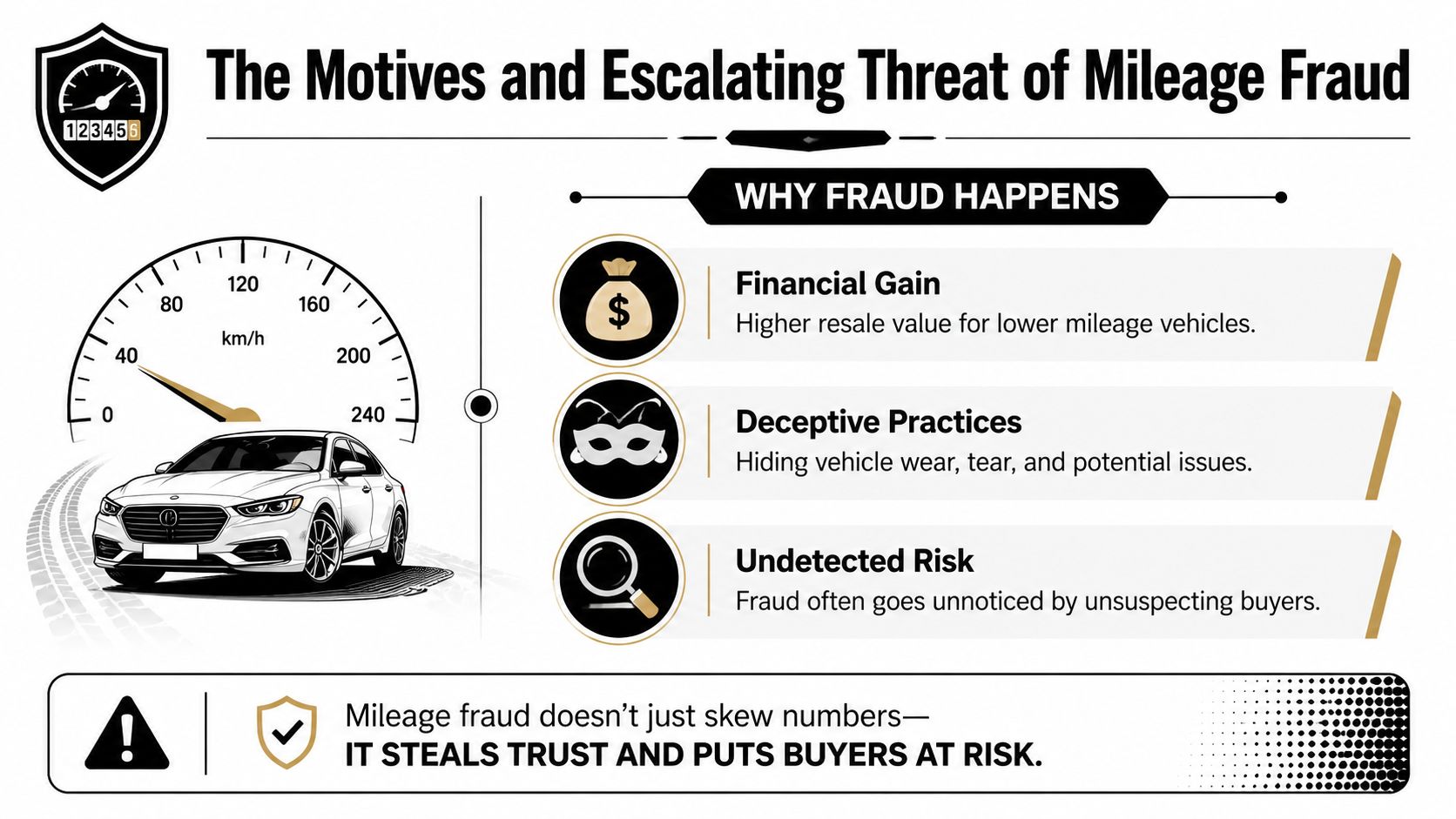 An infographic detailing the motives behind mileage fraud, including financial gain, deceptive practices, and undetected risks.