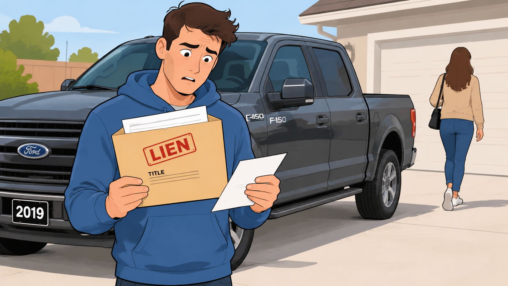 A man looking shocked while holding a vehicle title document with a lien stamp in front of his truck.