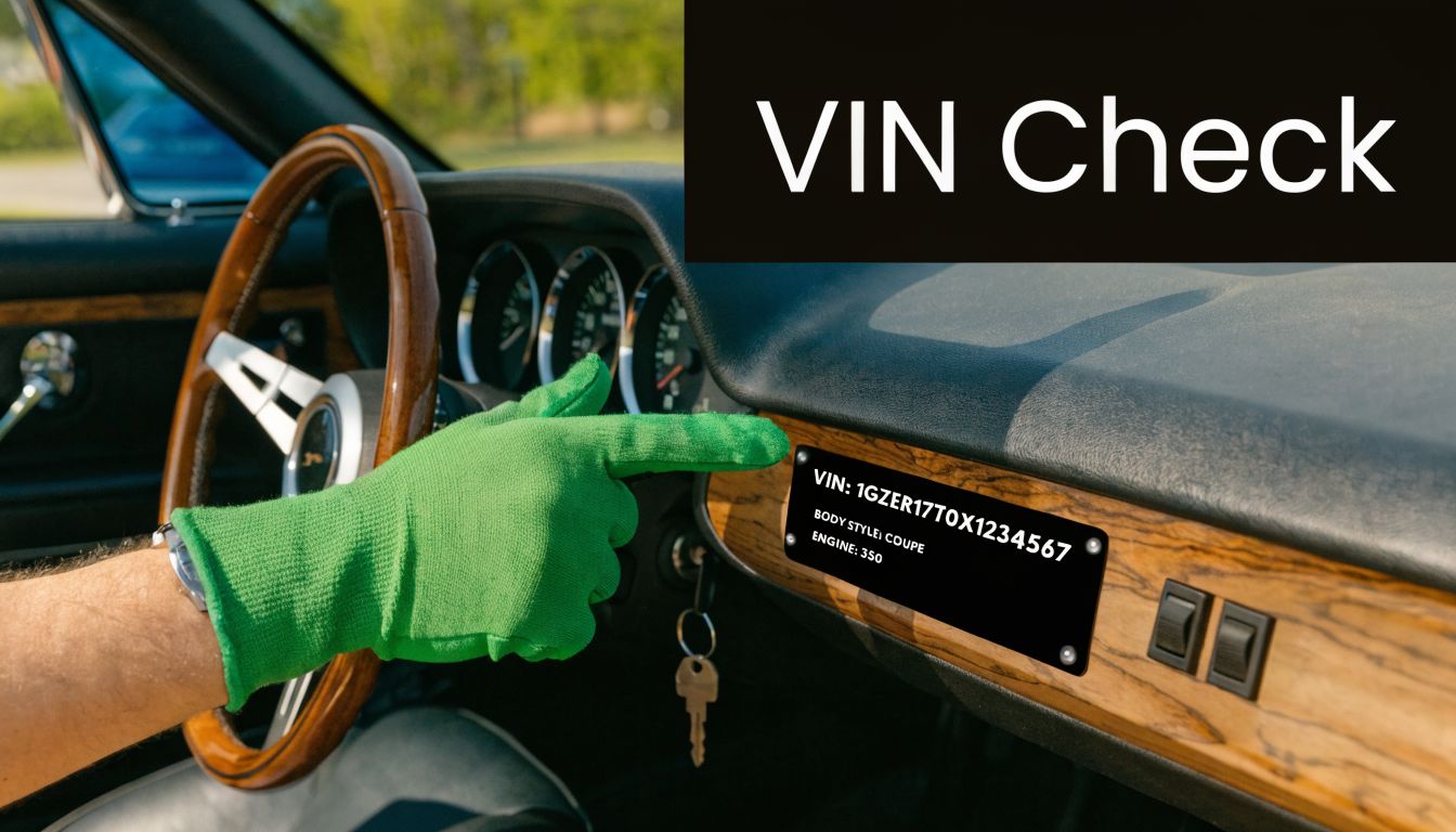 A gloved hand pointing at a vehicle identification number plate inside a classic car dashboard.