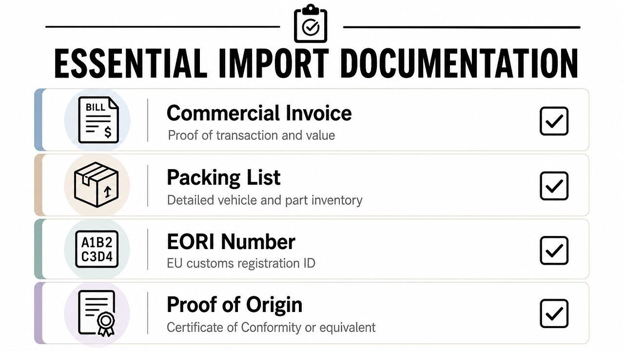 A checklist of essential import documentation for shipping vehicles, including Commercial Invoice, Packing List, EORI Number, and Proof of Origin.