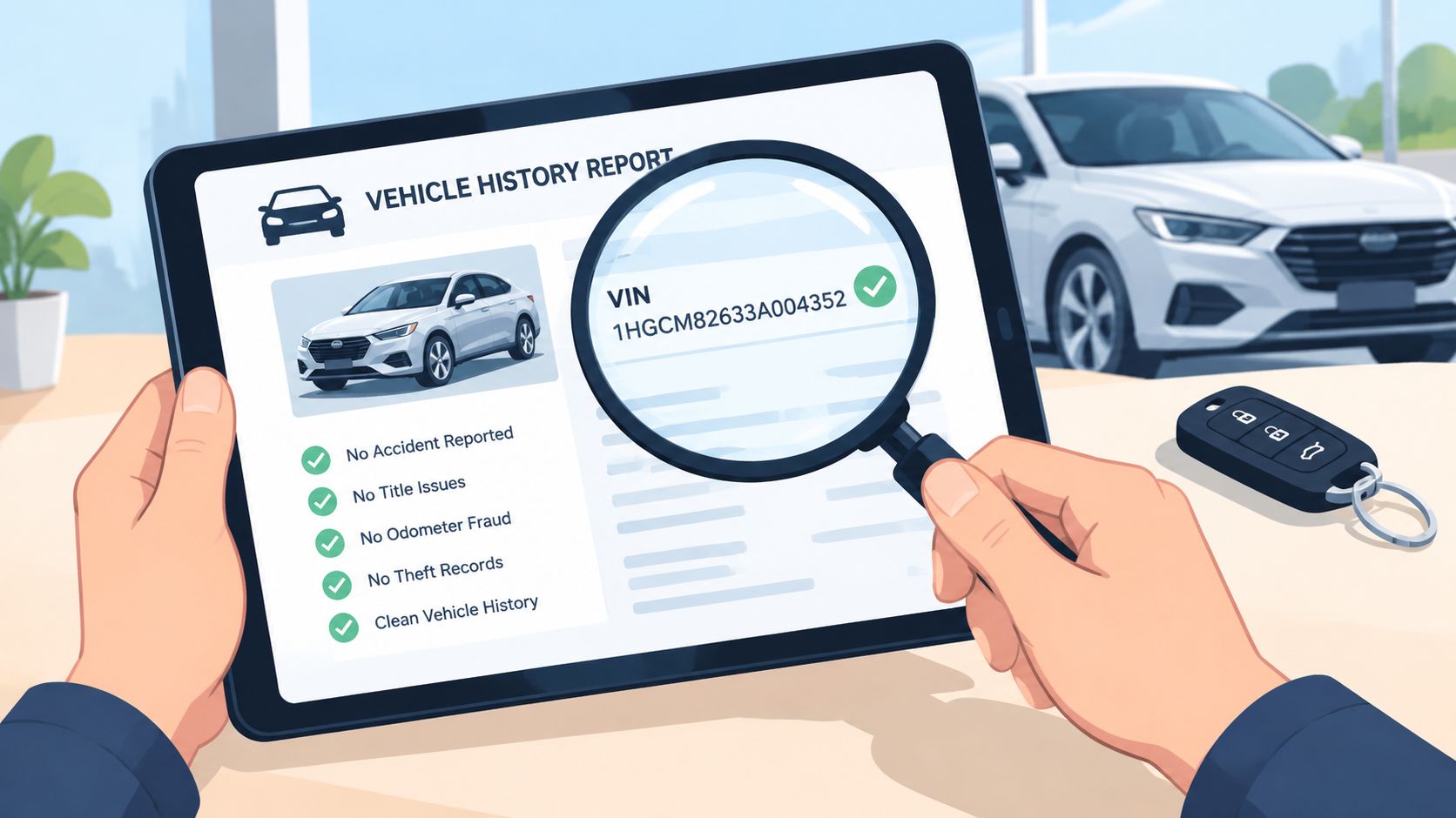 A person holding a tablet showing a vehicle history report with a VIN check and a clean car history.