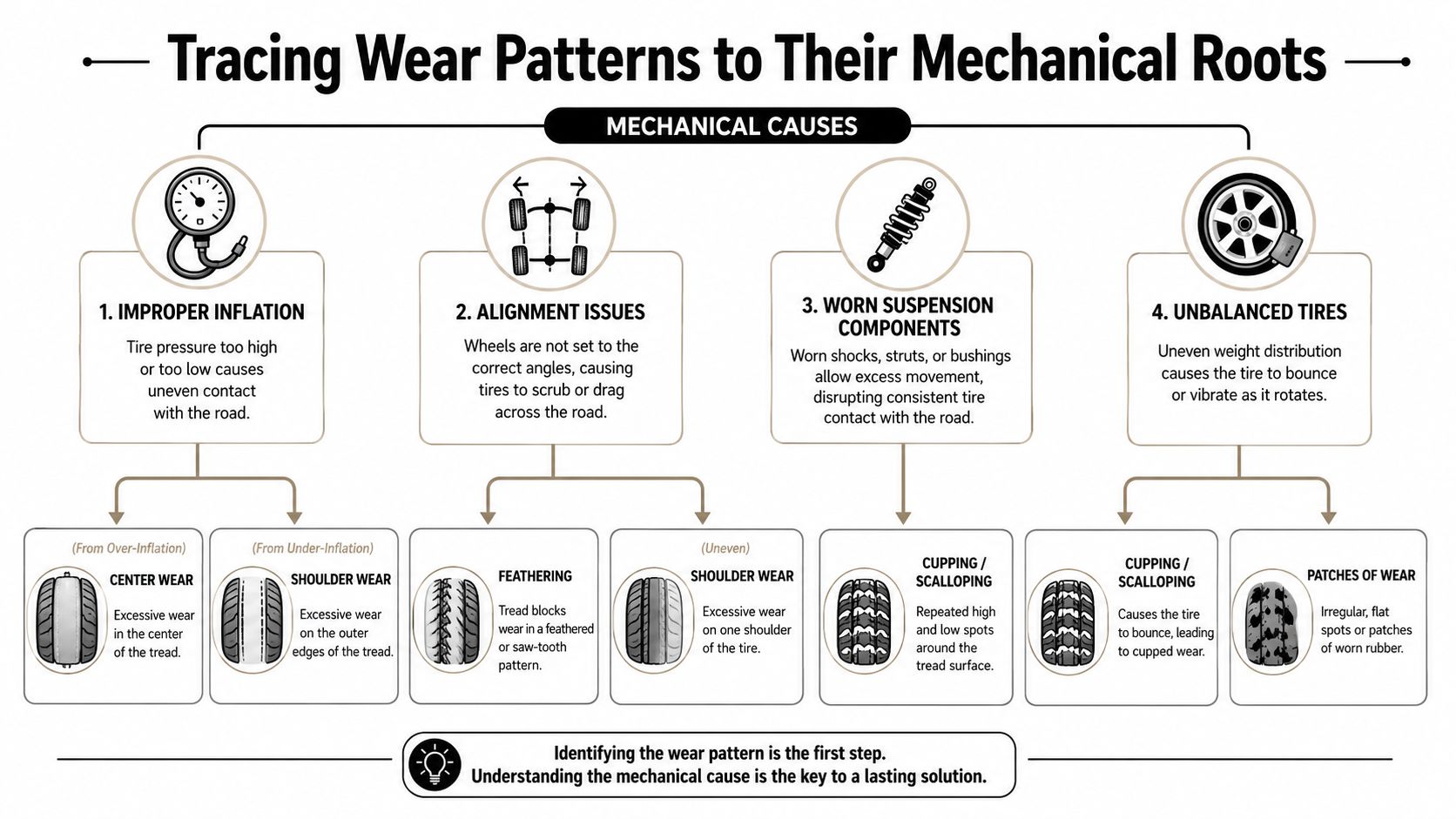 An infographic showing how mechanical issues like inflation, alignment, and balance cause specific tire tread wear patterns.