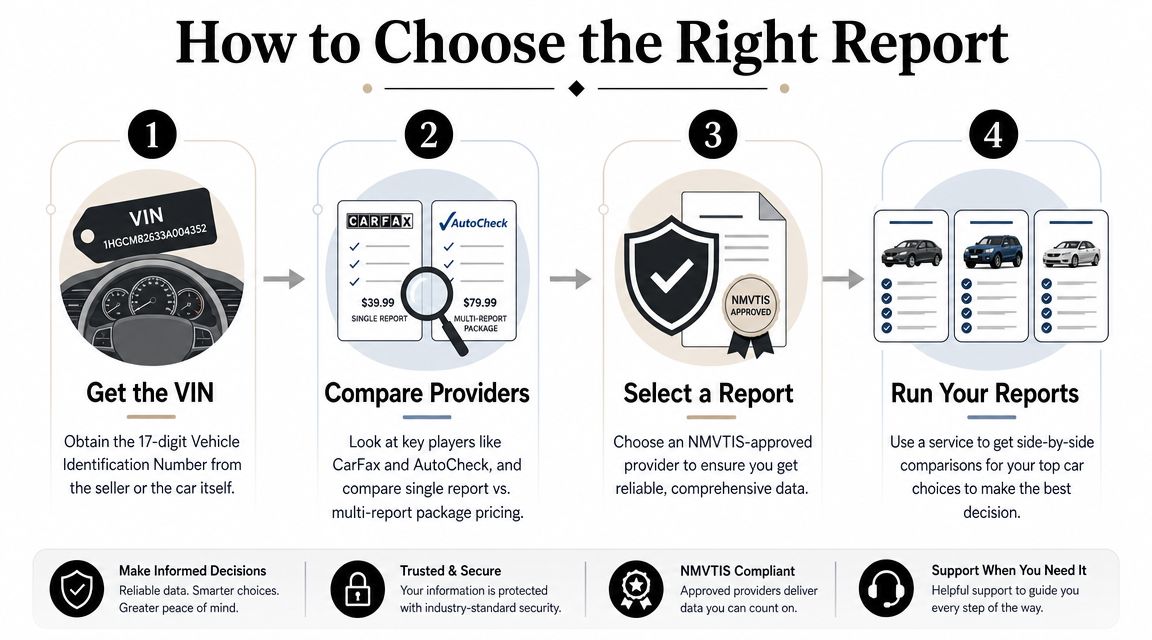 A four-step infographic showing how to select a vehicle history report provider for car buyers.
