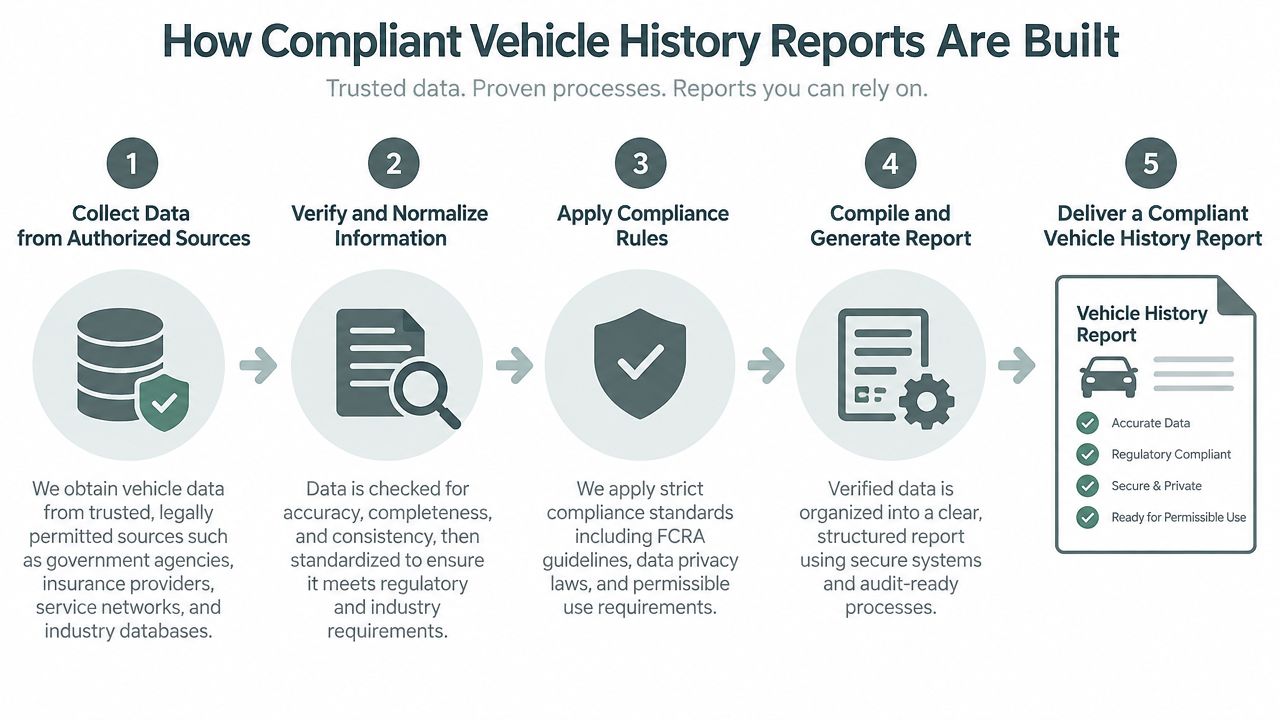 A five-step infographic showing how compliant and secure vehicle history reports are built from authorized data sources.
