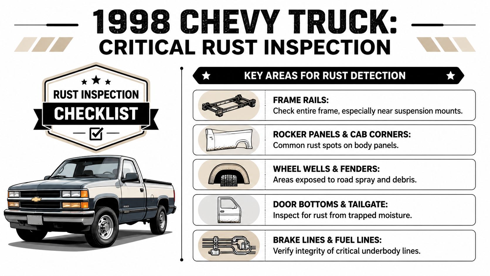 A 1998 Chevy truck rust inspection guide listing critical areas like frame rails and rocker panels.