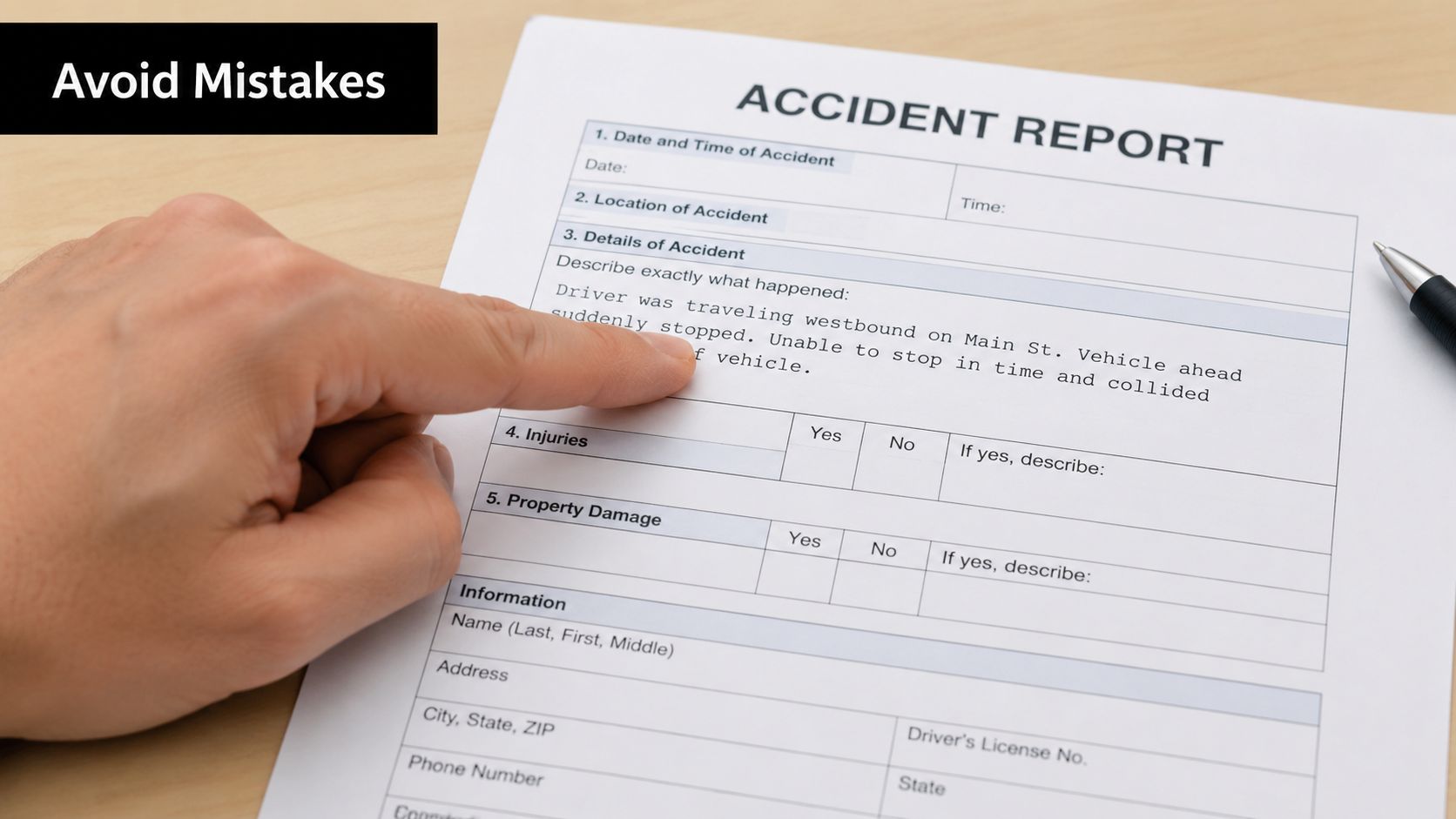 A person filling out an accident report form while sitting at a wooden desk.