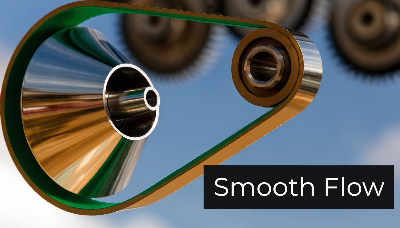 A mechanical diagram of a continuously variable transmission system featuring metallic pulleys and a drive belt.