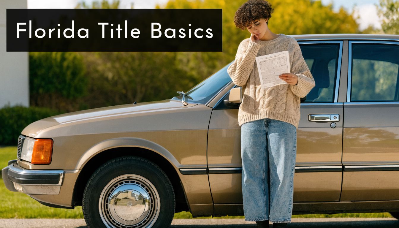A person with curly hair standing next to a vintage tan car holding a document.
