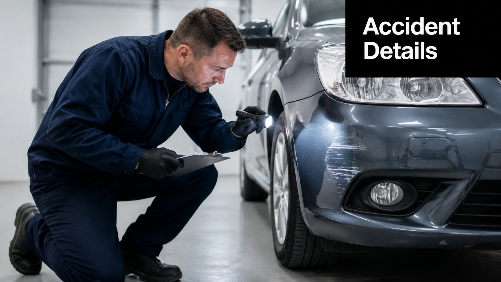A professional mechanic inspecting a car's bumper damage with a flashlight in a garage setting.