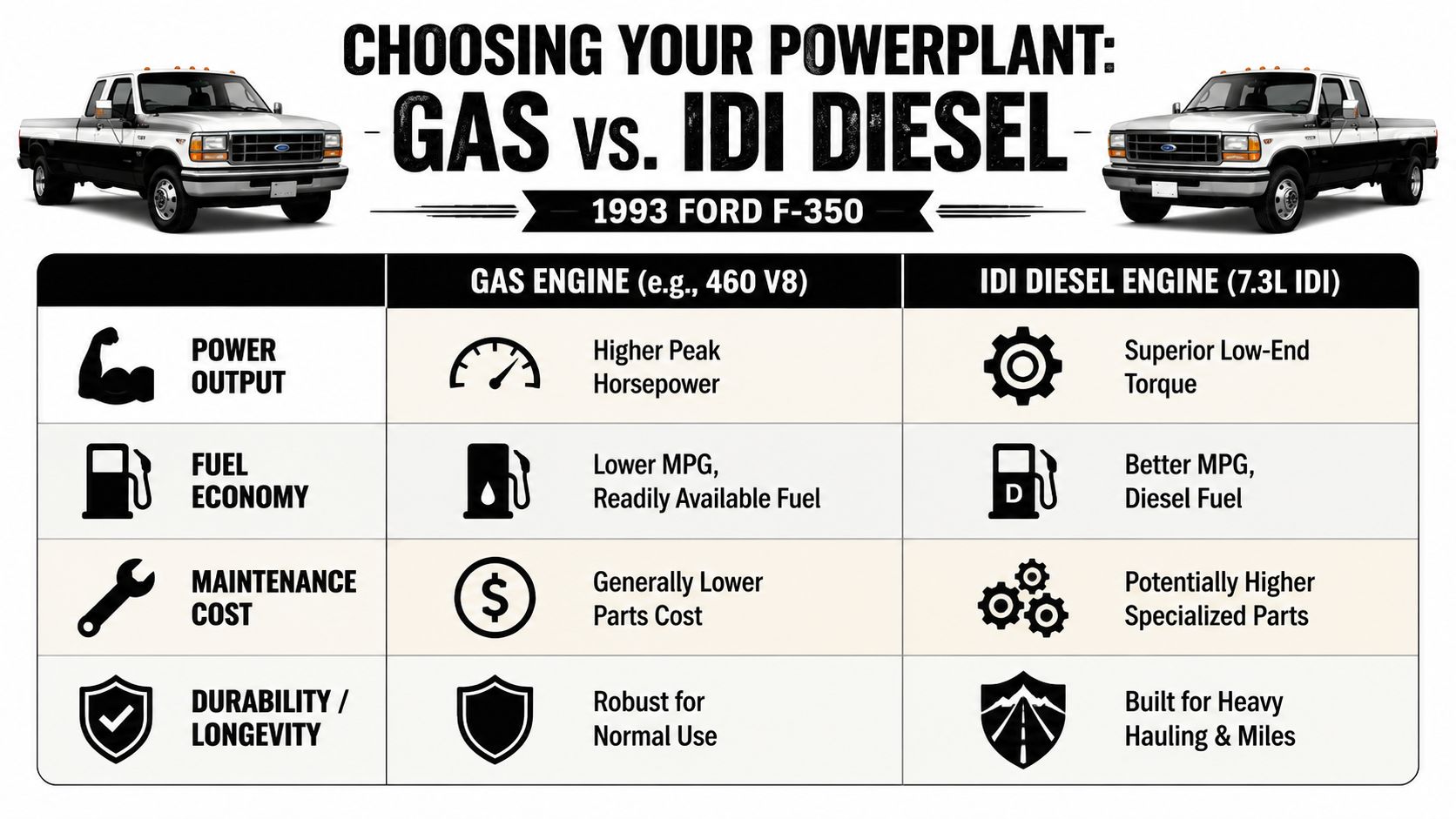 A comparison chart for a 1993 Ford F-350 choosing between a gas engine and an IDI diesel engine.