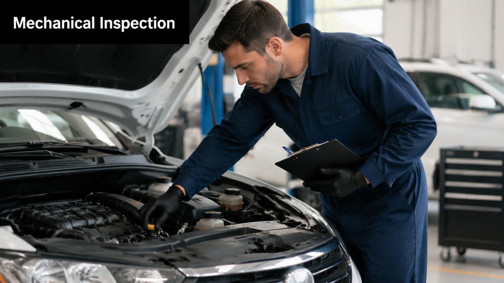 A professional auto mechanic in a dark blue uniform inspects a car engine at a service station.