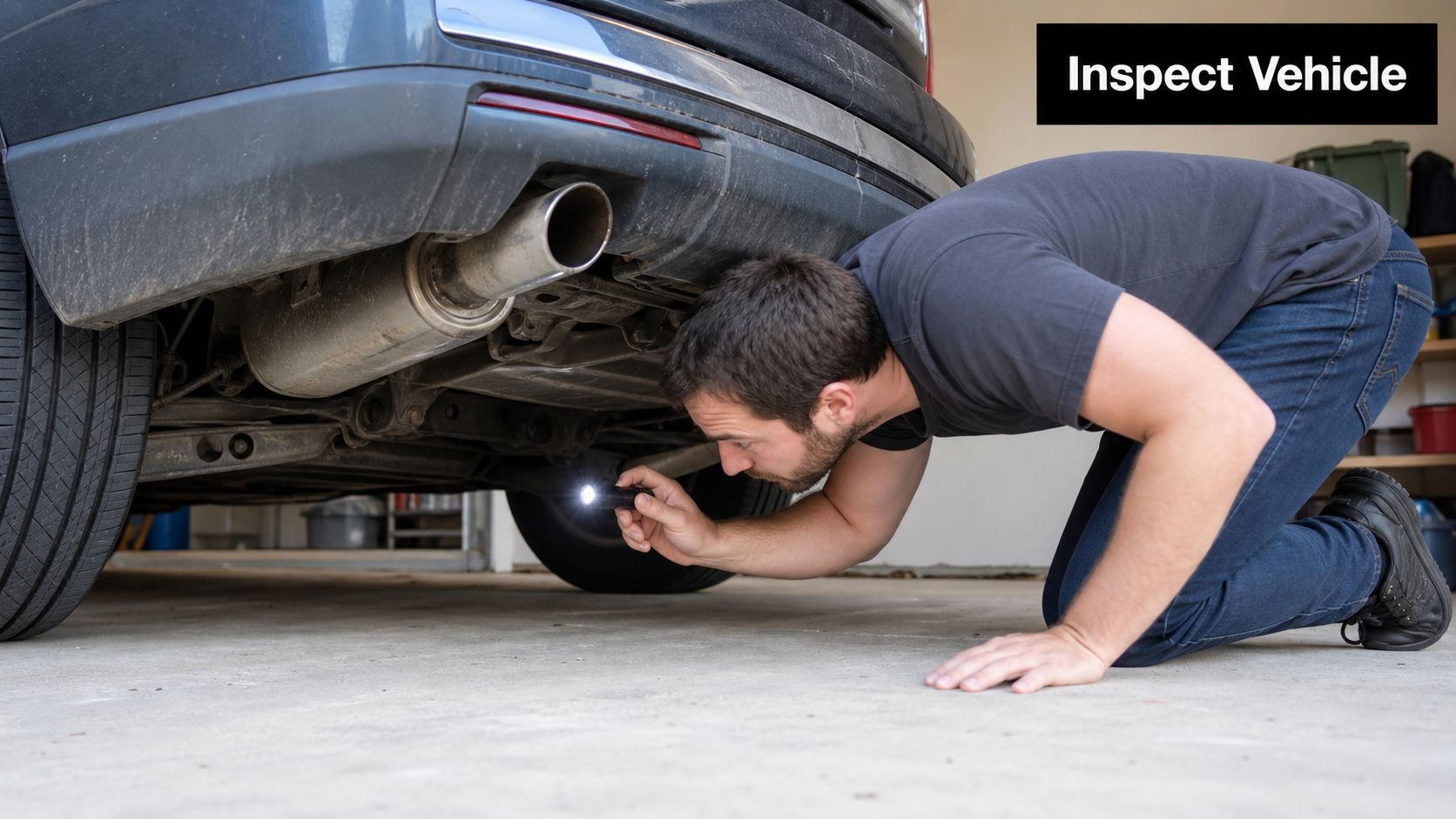 A man kneeling on the floor inspects the undercarriage of his car with a flashlight.