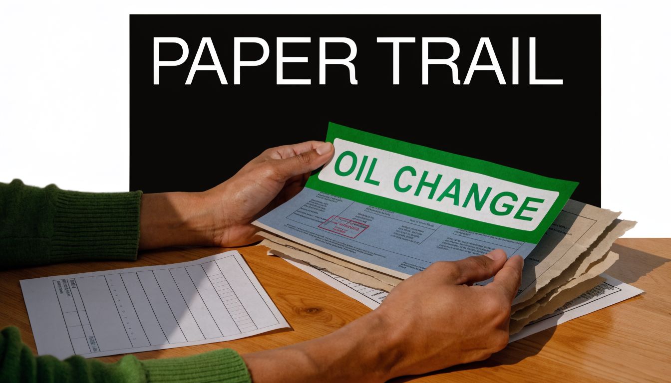 A person holding a stack of automotive maintenance documents with a prominent green oil change sticker.