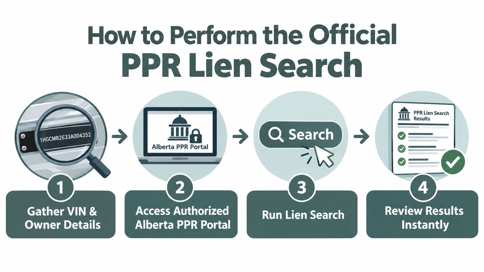 A four-step infographic illustrating how to conduct an official vehicle lien search in the Alberta registry.