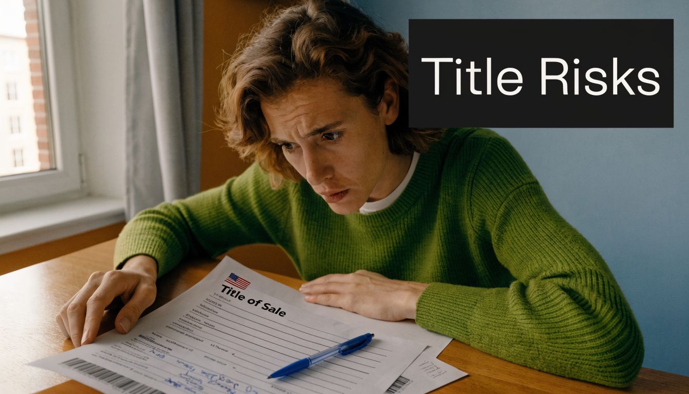 A concerned person examining a Title of Sale document while sitting at a desk.
