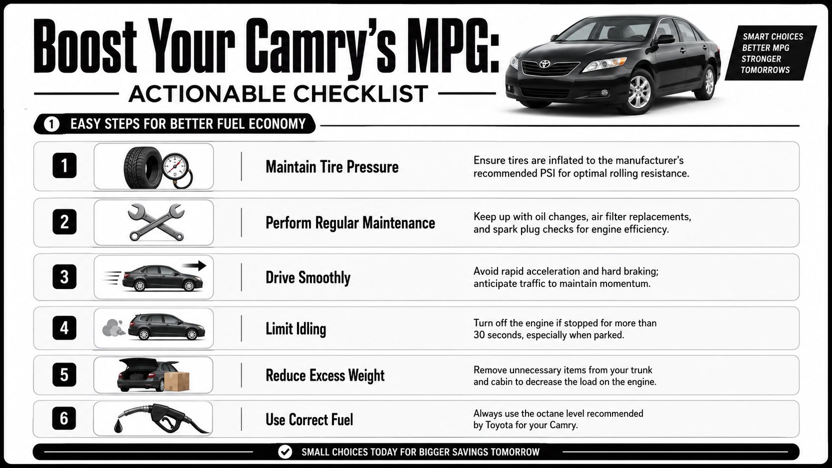 An infographic titled Boost Your Camry's MPG listing six simple steps for improving fuel economy in cars.