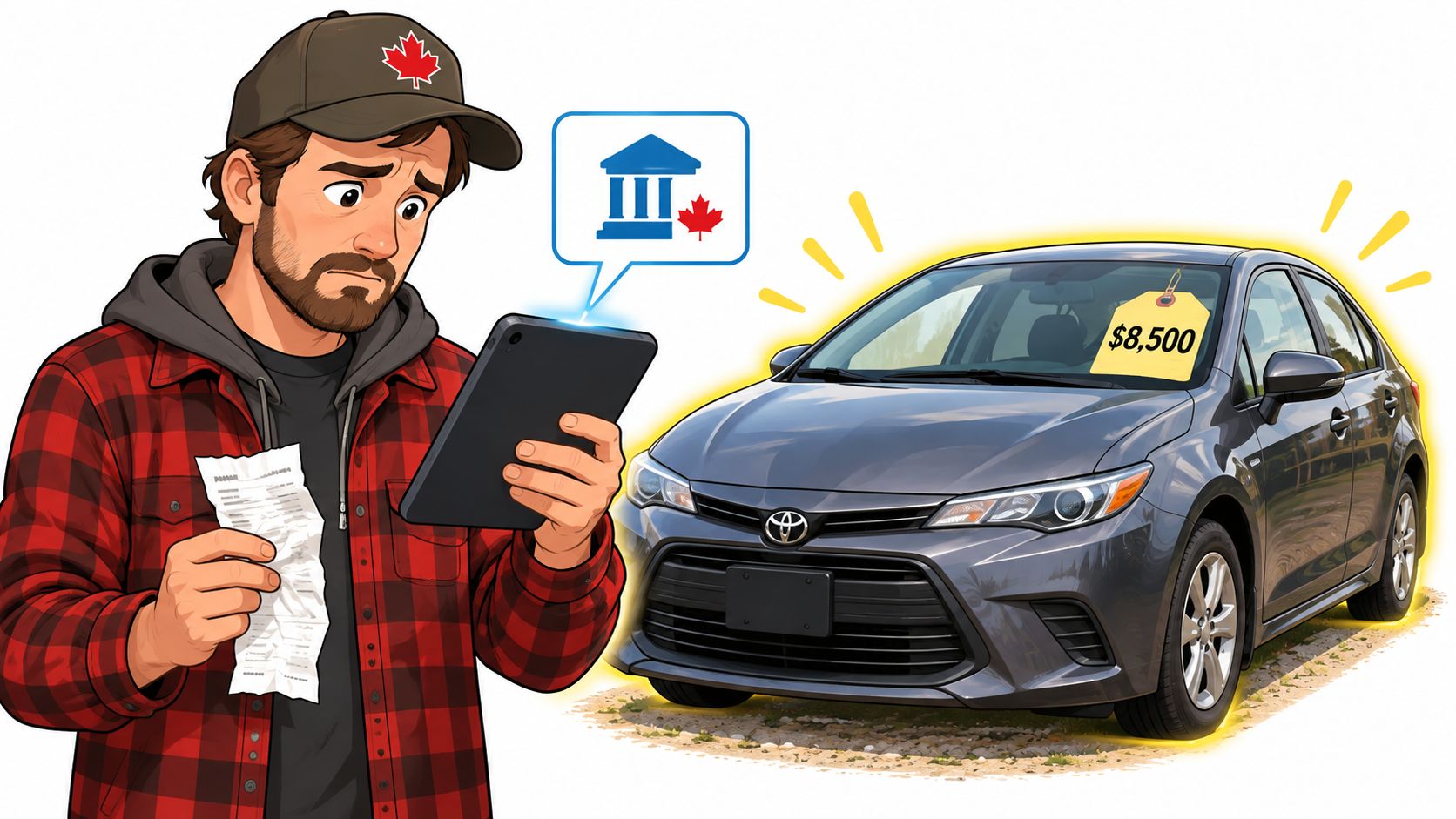 A man in a red flannel shirt holding a document while looking at a car for sale.