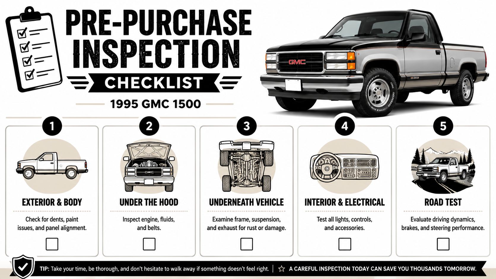 A pre-purchase inspection checklist for a 1995 GMC 1500 truck outlining five essential vehicle evaluation steps.