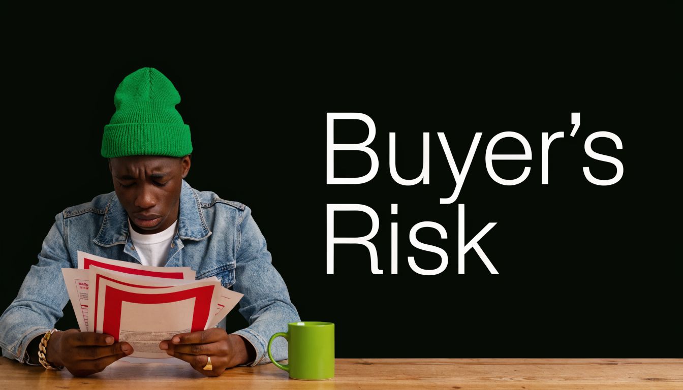 A concerned young man wearing a green beanie examines legal documents while sitting at a wooden desk.