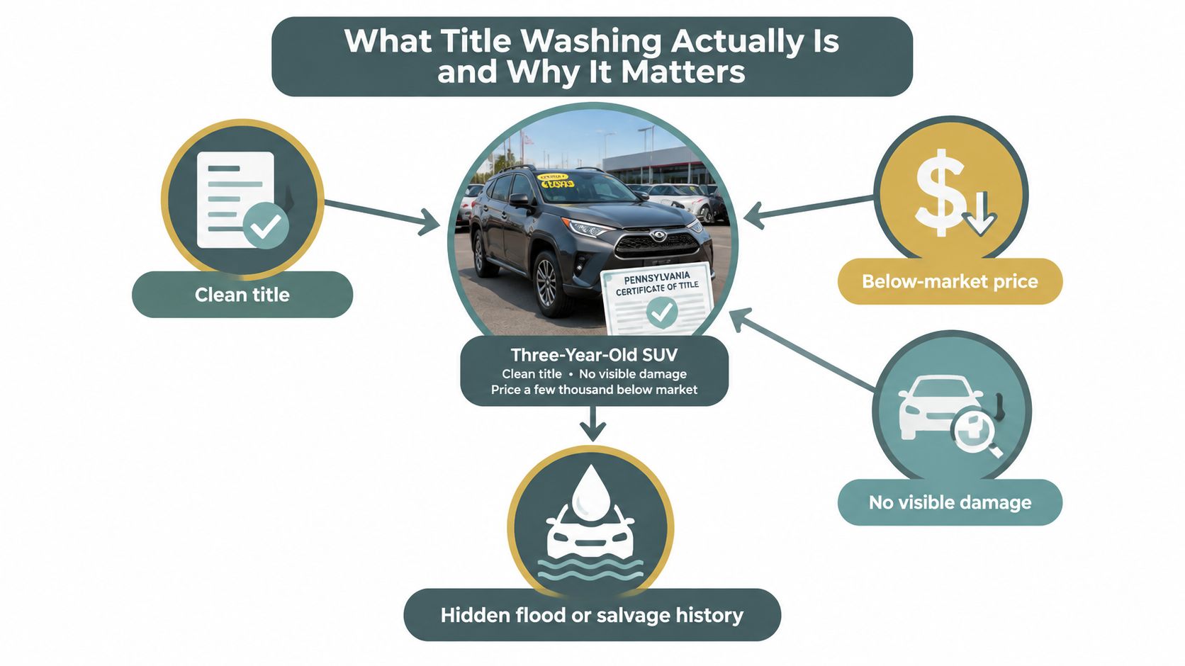An infographic illustrating how title washing conceals a vehicle's damaged history through a seemingly clean title.