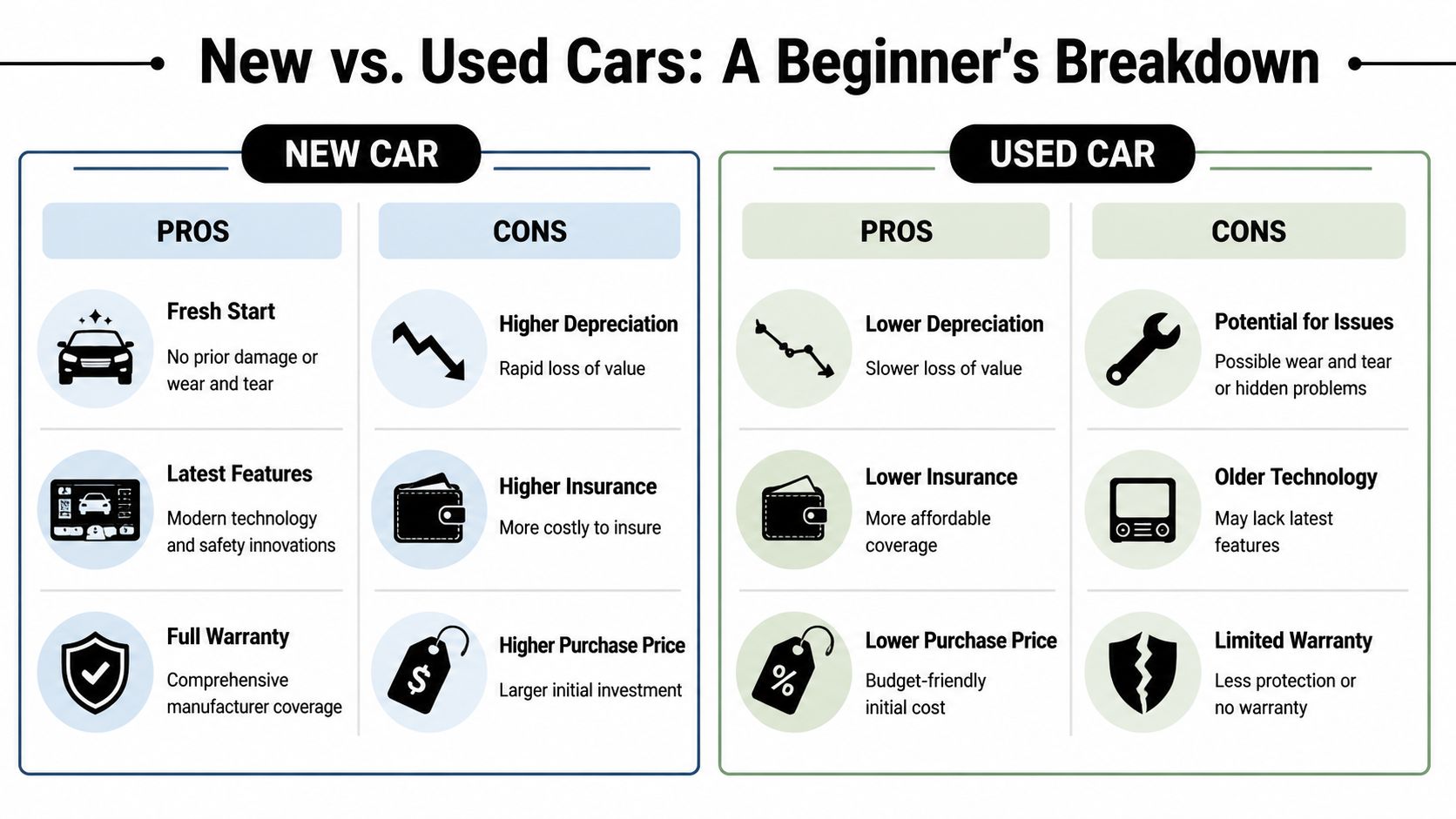 A comparison infographic showing pros and cons of purchasing new cars versus used cars for beginners.