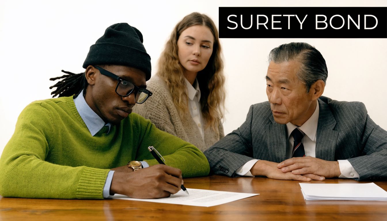 A man in a green sweater signs a legal document while a woman and an older professional look on.