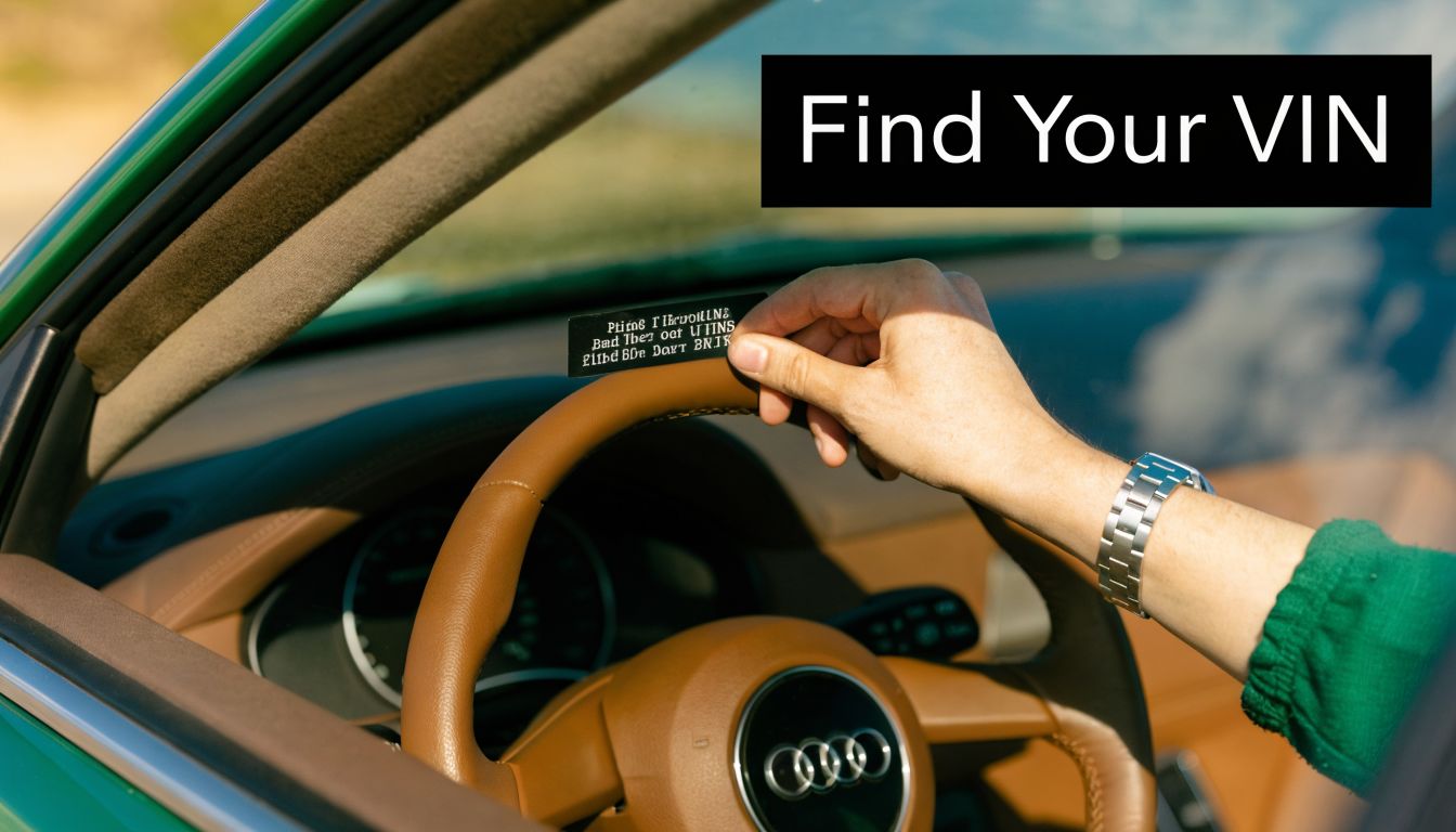 A person holding a small card near an Audi steering wheel to help find the VIN.