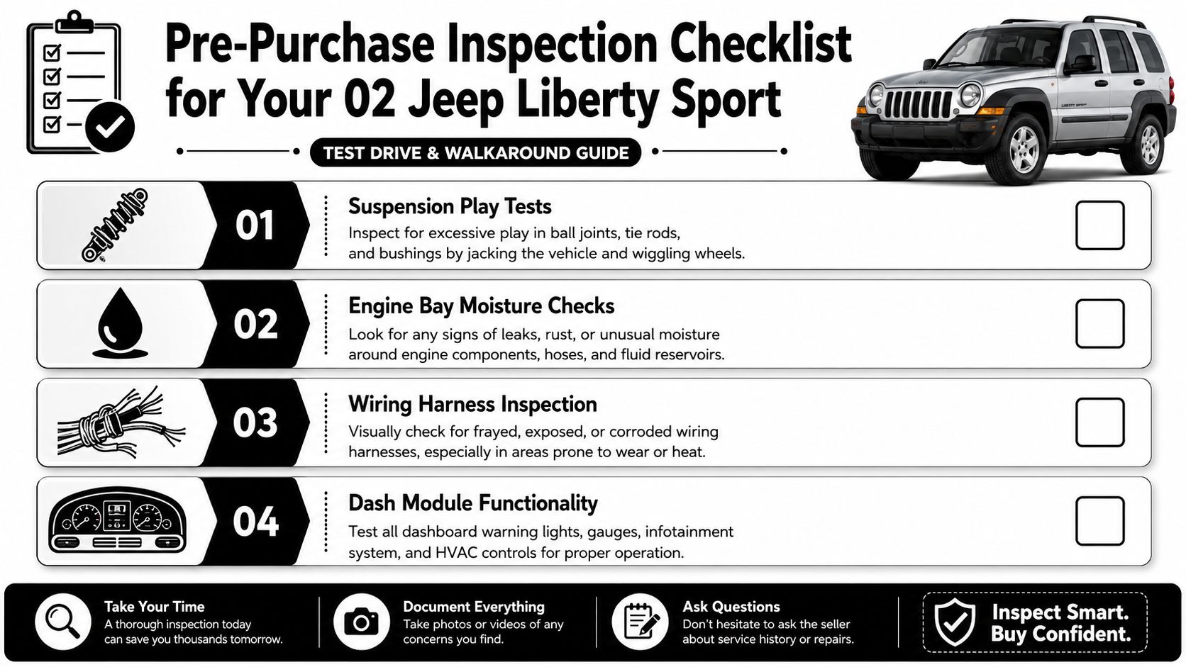 A pre-purchase inspection checklist for an 02 Jeep Liberty Sport featuring essential checks and inspection tips.
