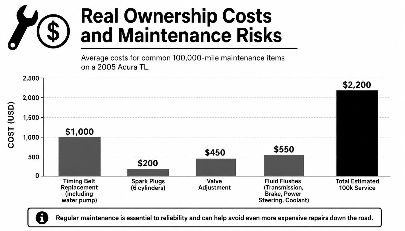 A bar chart showing the estimated costs of common 100,000-mile maintenance services for a 2005 Acura TL.
