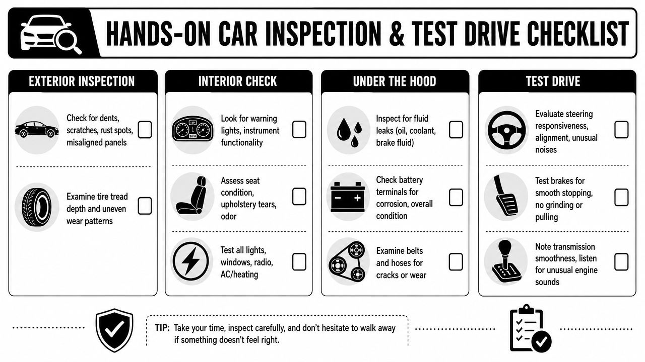 A comprehensive checklist for inspecting and test driving a used vehicle before making a purchase.