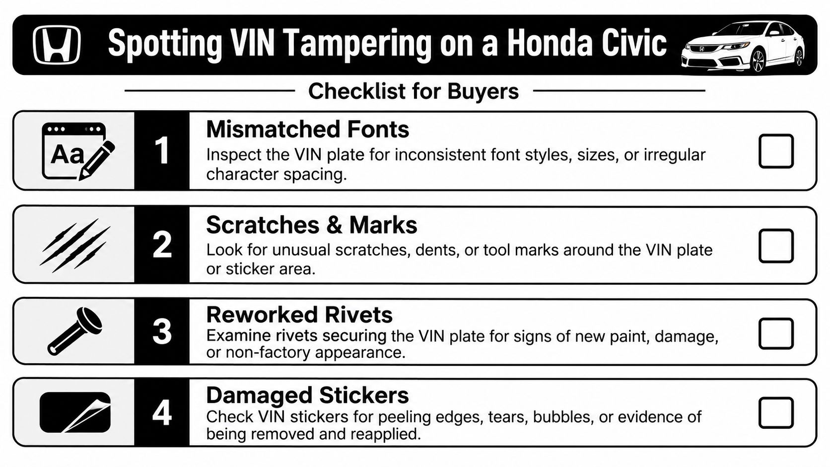 A checklist for used car buyers on how to spot potential VIN tampering on a Honda Civic.