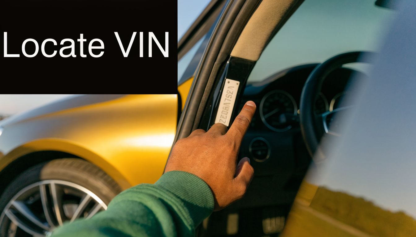 A person pointing at the vehicle identification number (VIN) located on the door frame of a car.
