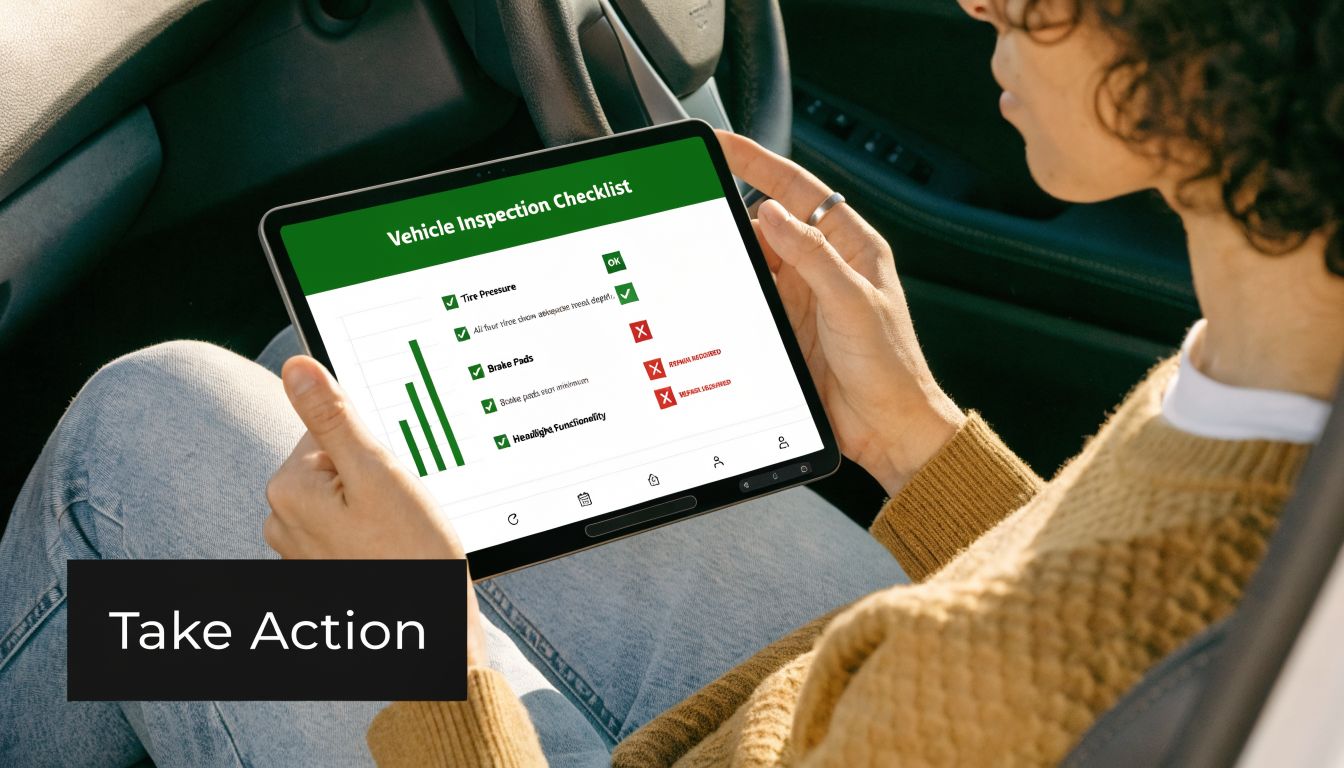 A person sitting in a car reviewing a digital vehicle inspection checklist on a tablet screen.