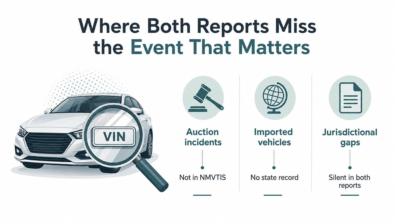 An infographic showing limitations of vehicle history reports such as missing auction, import, and jurisdictional data.