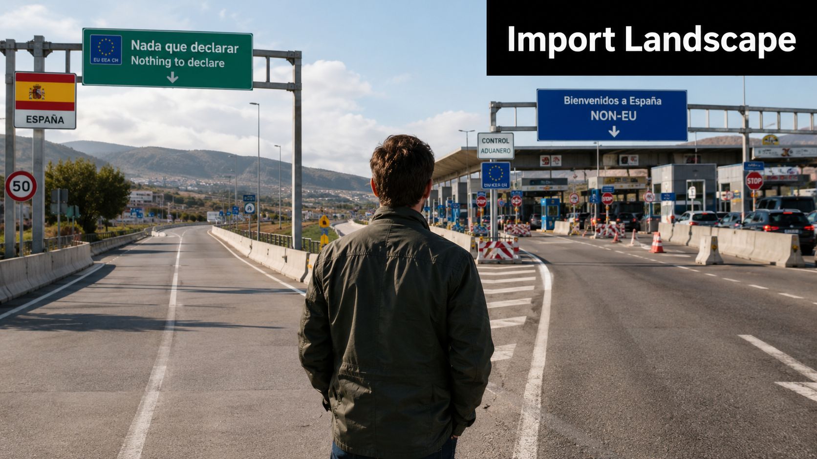 A person standing at a border crossing between two lanes entering Spain, one for EU and one non-EU.