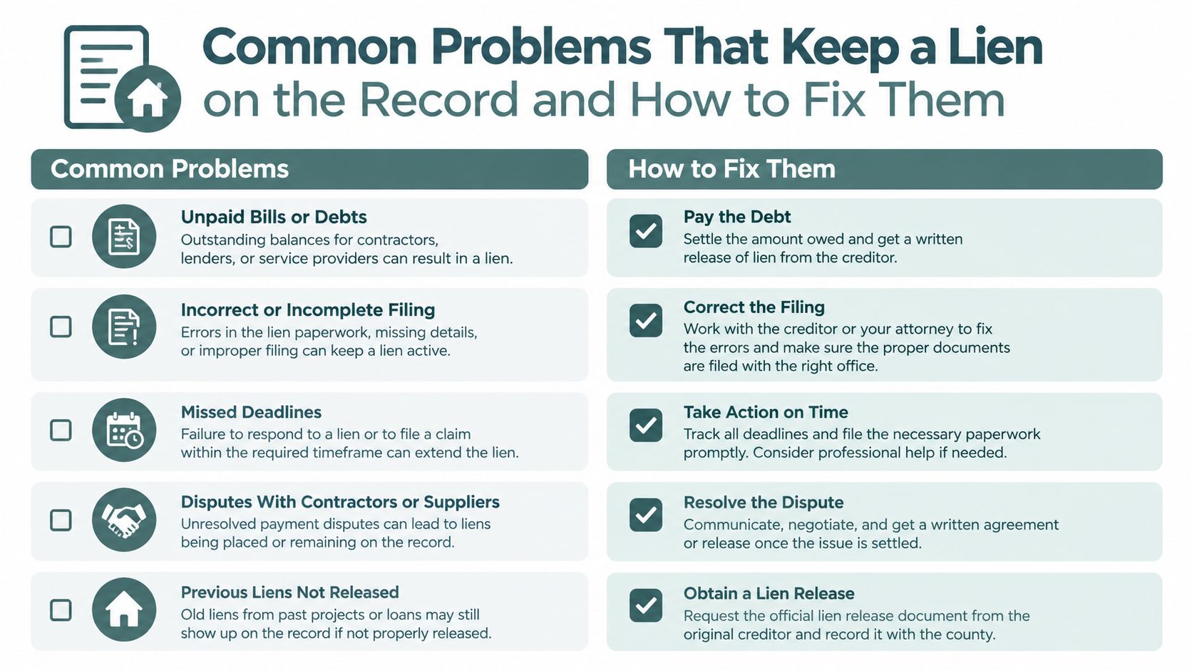 An infographic titled Common Problems That Keep a Lien on the Record and How to Fix Them.