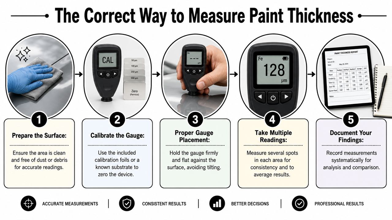 An infographic showing the five-step process for correctly measuring automotive paint thickness with a digital gauge.