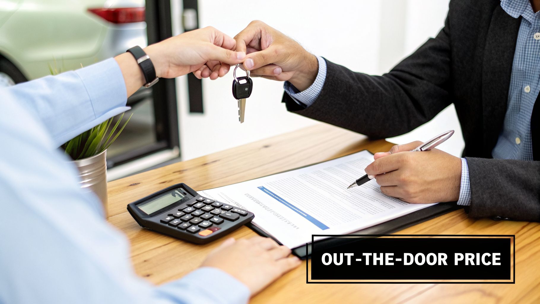 A car dealer hands over keys to a customer after signing a car purchase agreement.