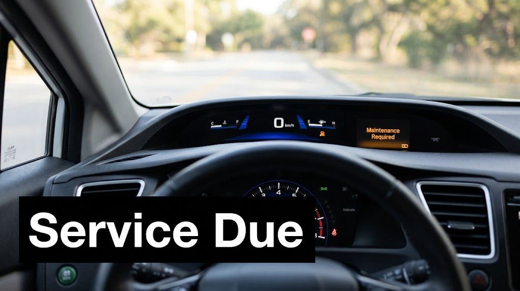 A car dashboard displaying a Maintenance Required warning light, indicating the vehicle is due for service.