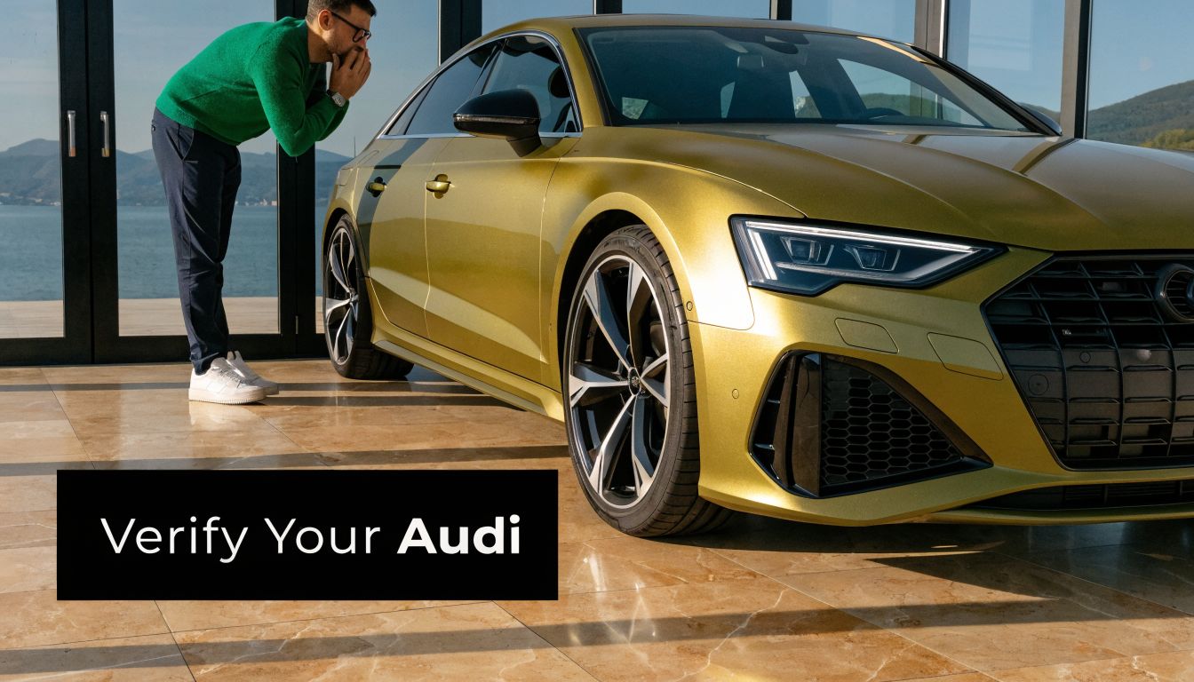 A man wearing a green sweater and glasses inspects a luxury gold Audi car in a showroom.