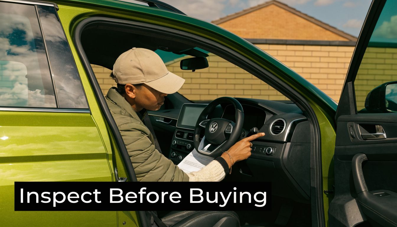 A person wearing a cap sitting in a green Volkswagen car interior inspecting the dashboard features.