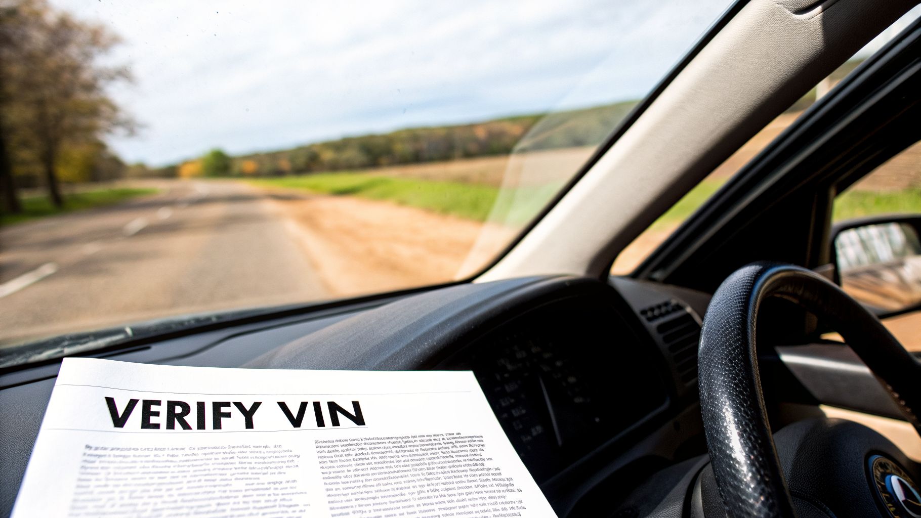 A document titled 'VERIFY VIN' rests on a car dashboard with a blurry road ahead.