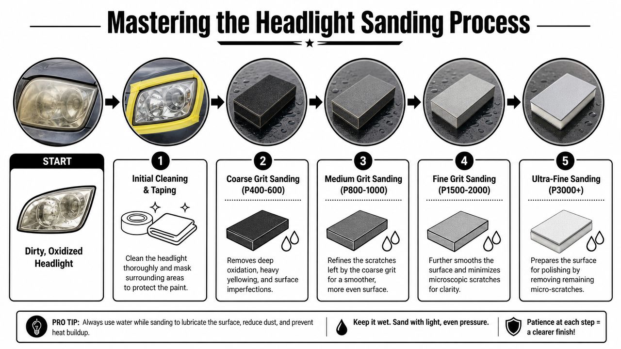 A five-step instructional guide on how to sand and restore oxidized, dirty car headlights using different grits.