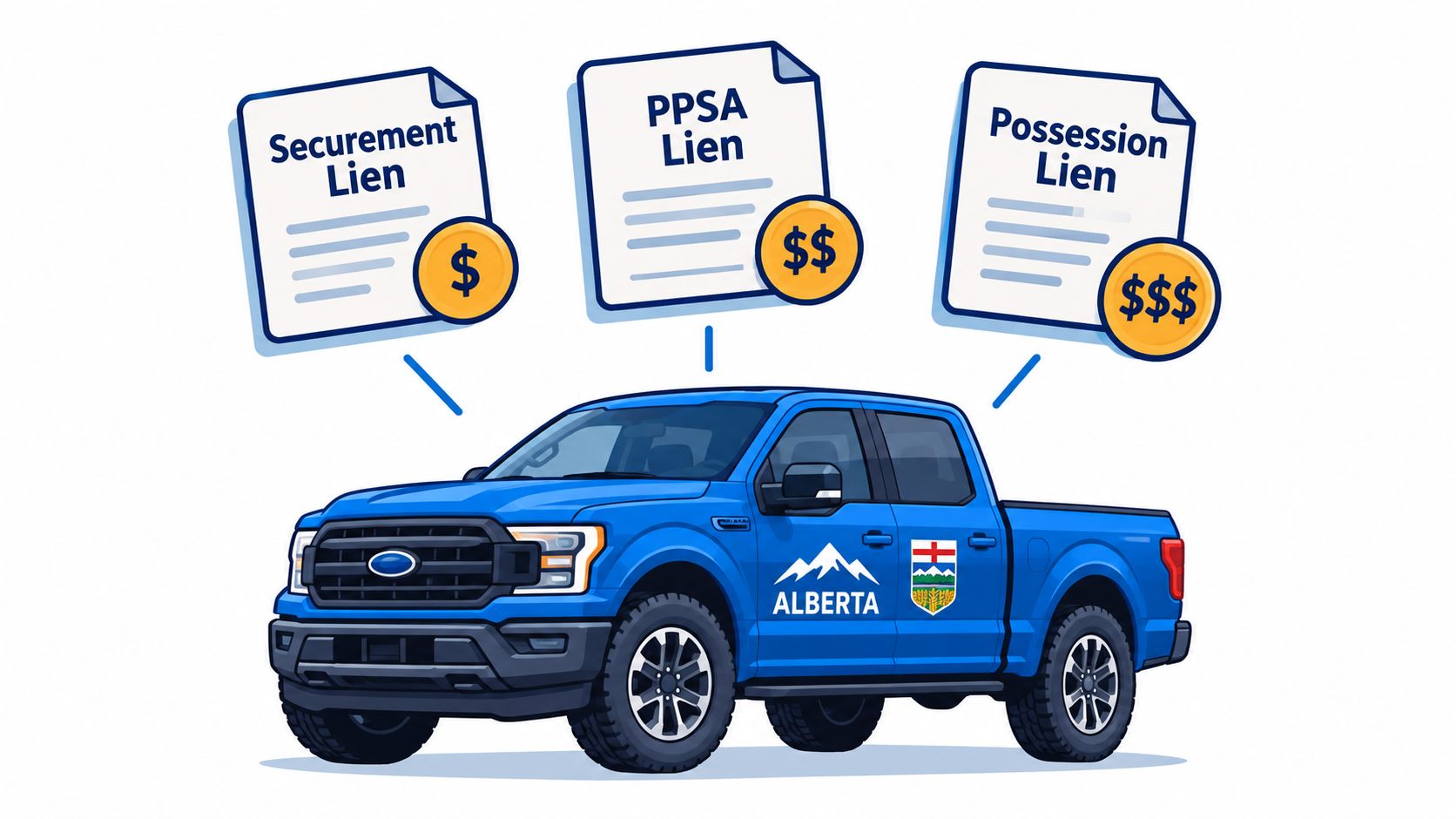 A blue pickup truck representing vehicle liens with document icons labeled Securement, PPSA, and Possession liens in Alberta.