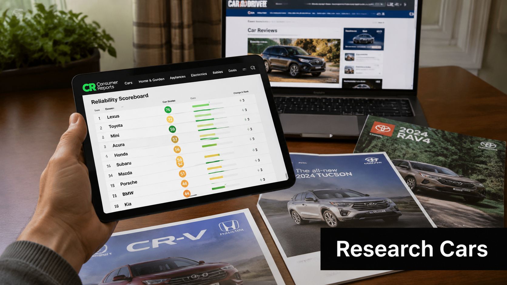 A person holding a tablet showing a car reliability scoreboard while researching new vehicles on a table.