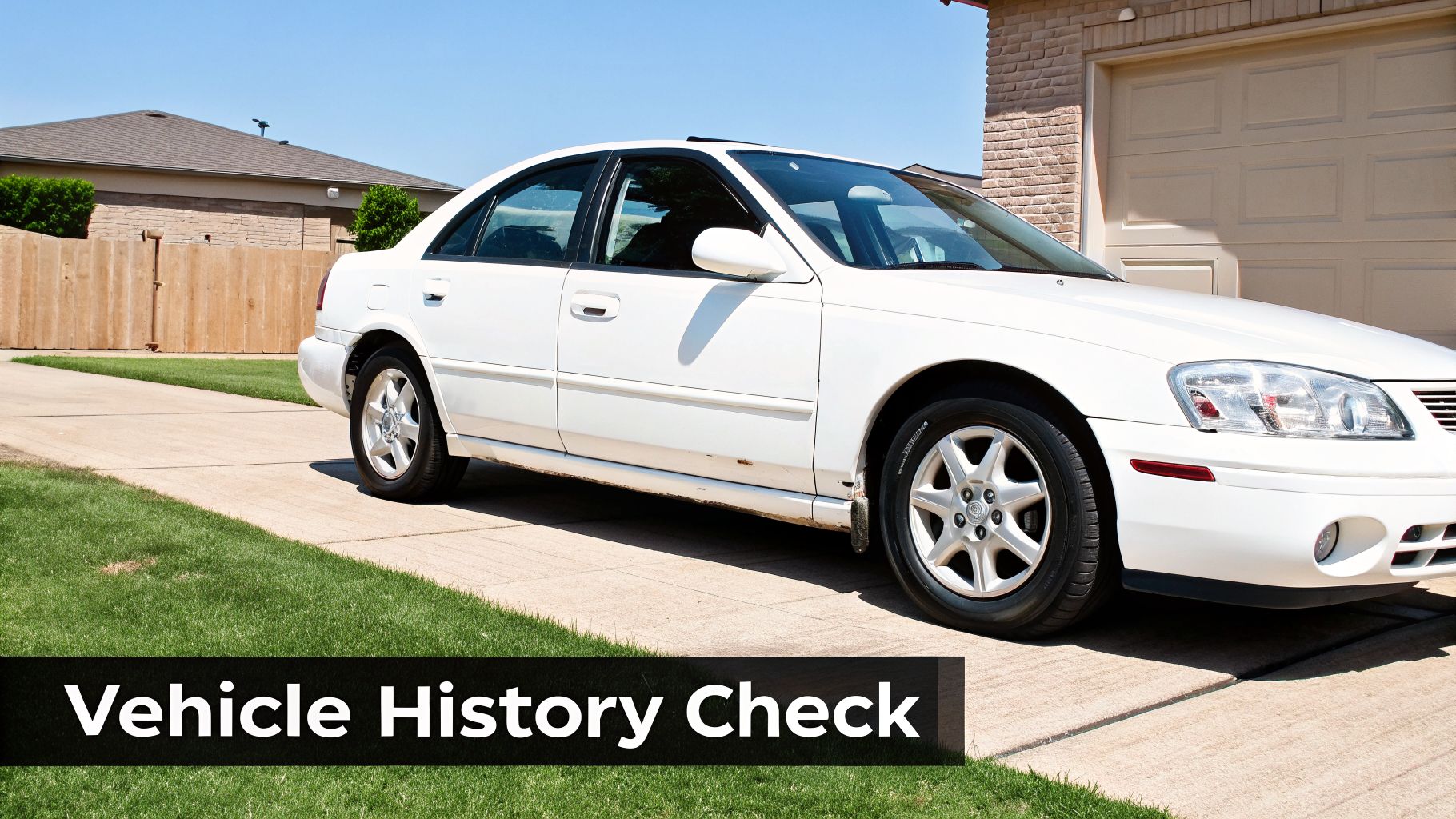 A white sedan car with visible rust on its lower body, parked in a concrete driveway.